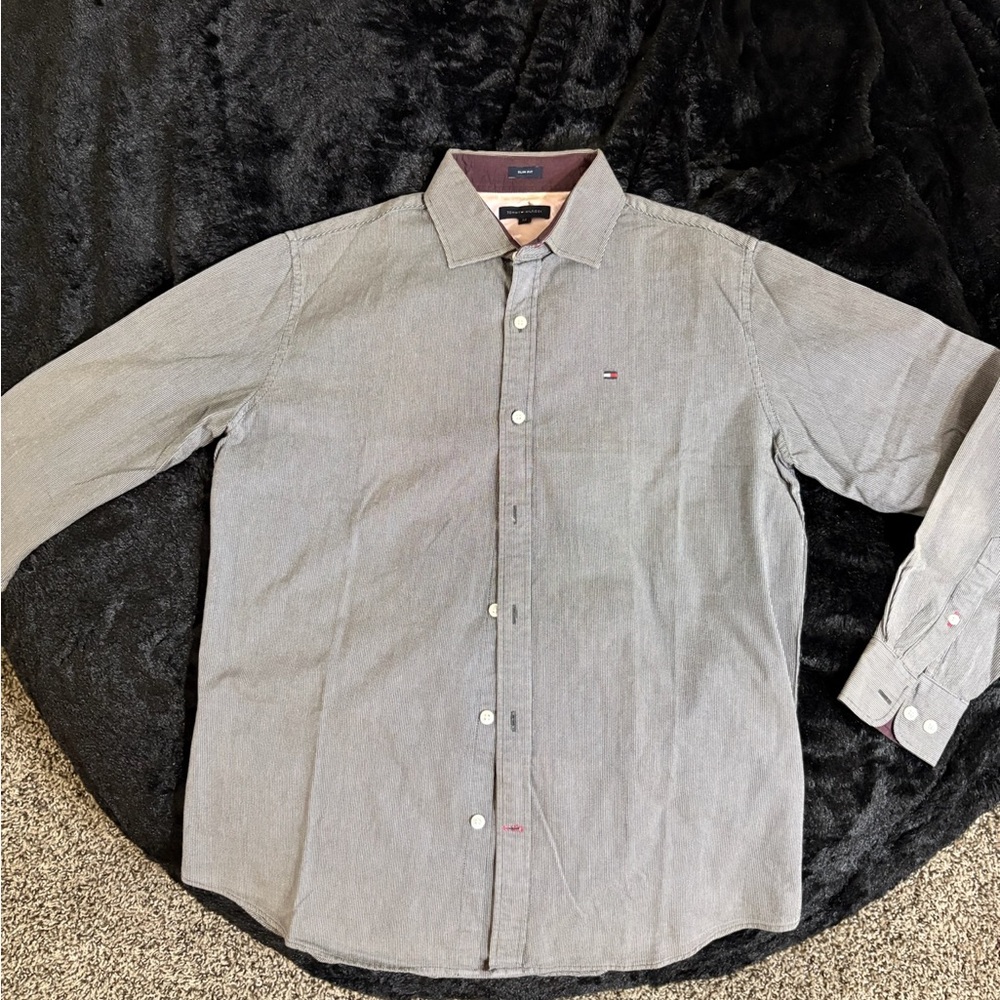 Tommy Hilfiger Men’s Shirt Medium Slim Fir Grey Striped Button-Down Long Sleeve.